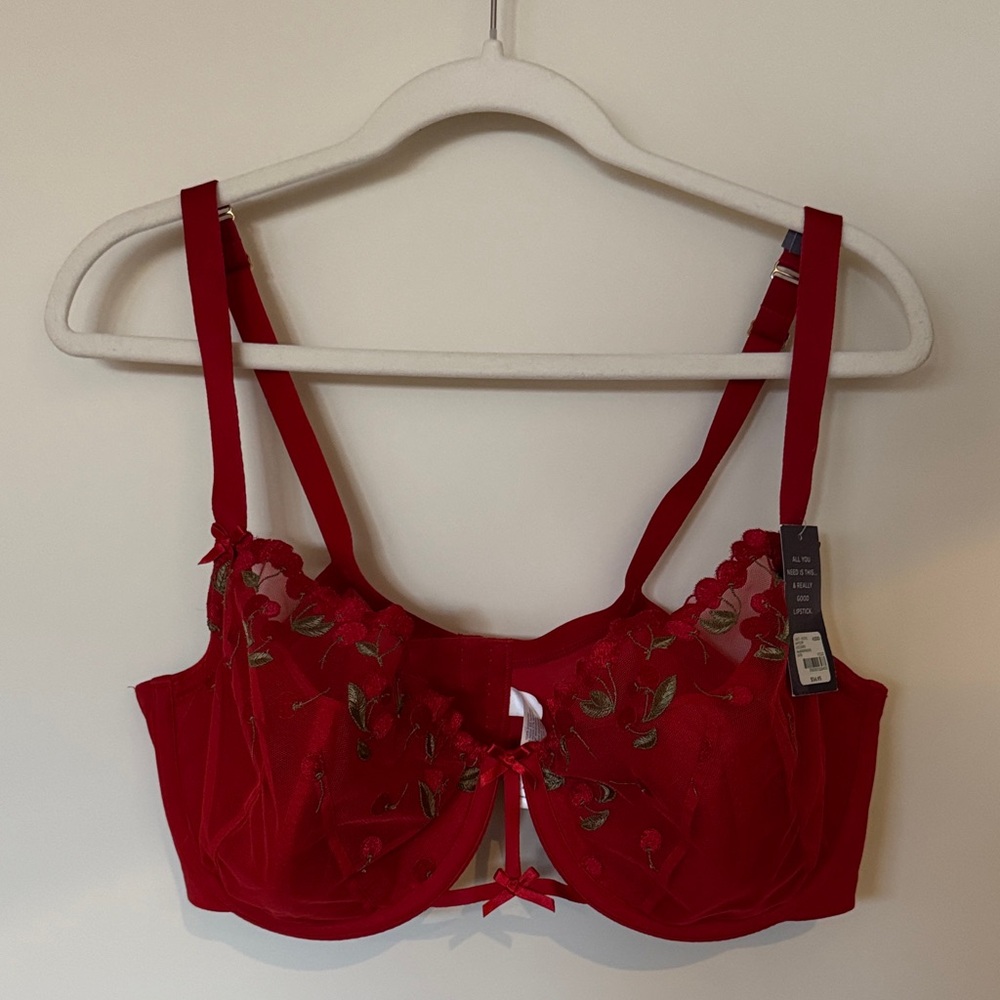 Cacique Red Cherries Embroidered Bra